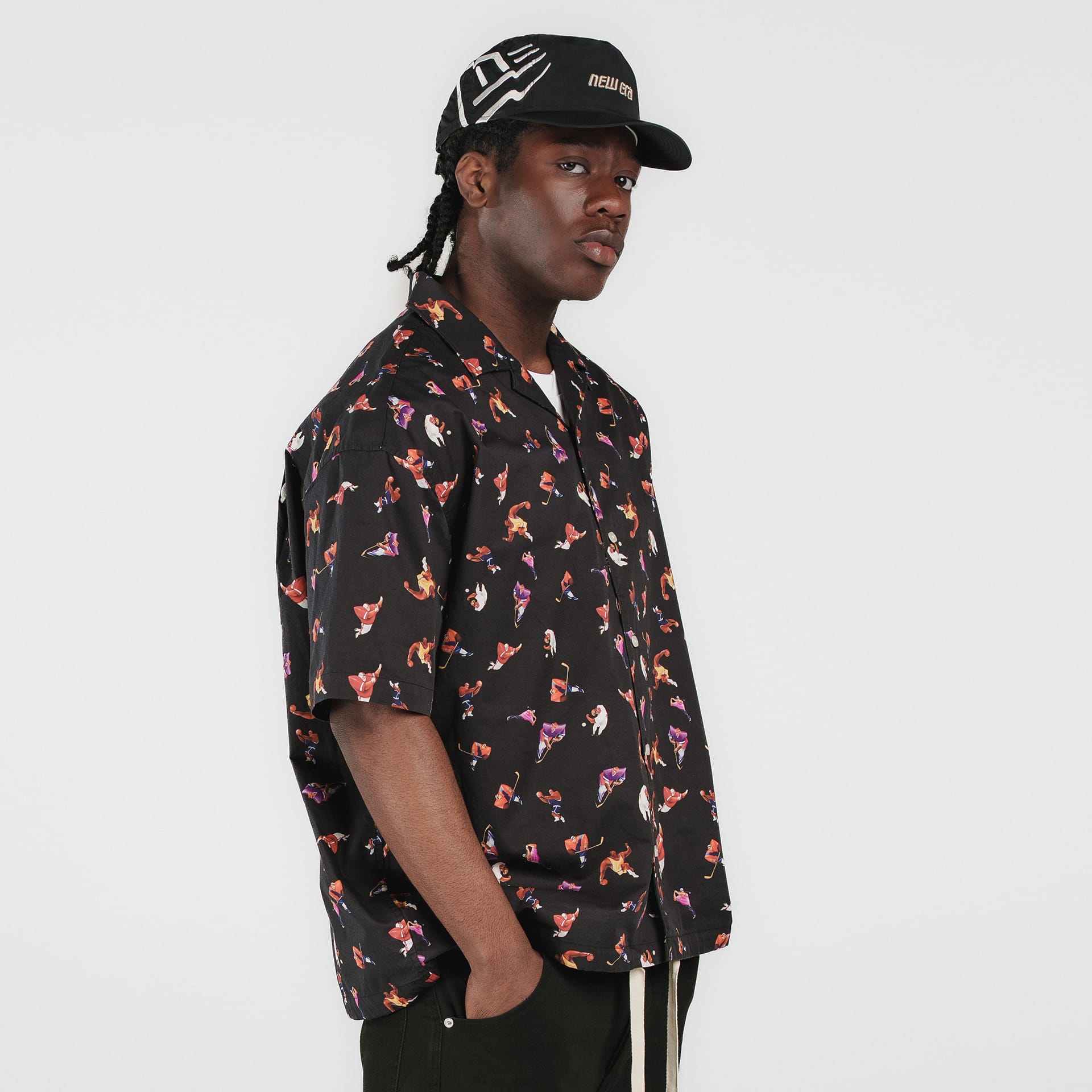 New Era Branded Resort Black Open Collared Shirt - Nextgenmallstore