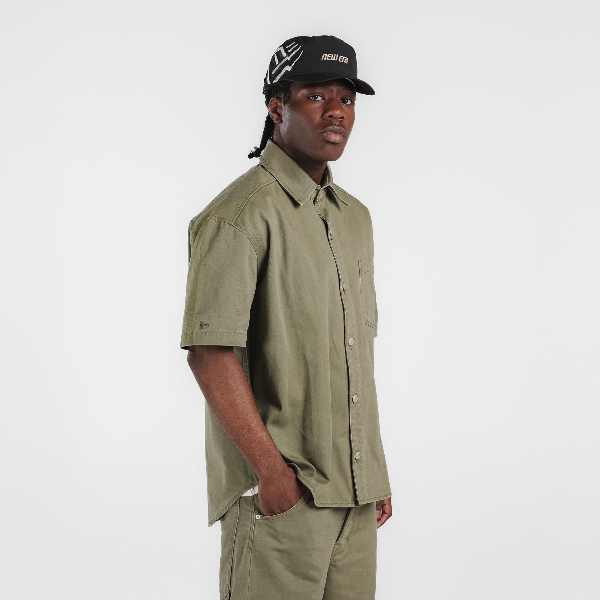 New Era Branded Ellicott Green Bark Twill Half Sleeve Button Up Shirt - Nextgenmallstore