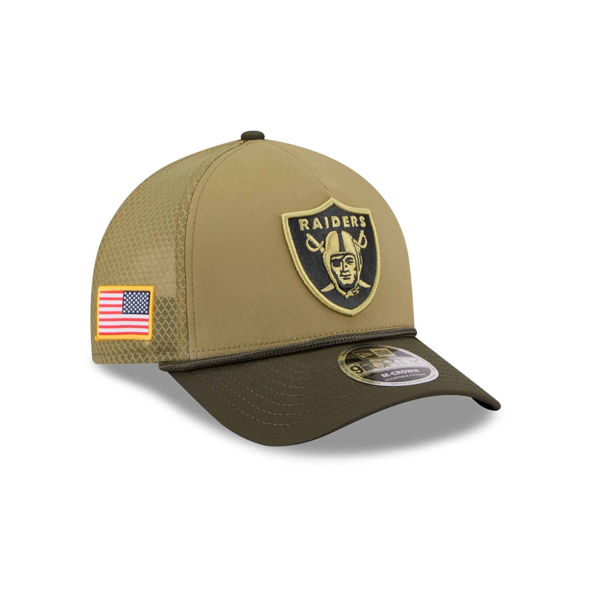 Las Vegas Raiders 2025 Salute to Service 9FORTY M-Crown A-Frame Trucker Hat