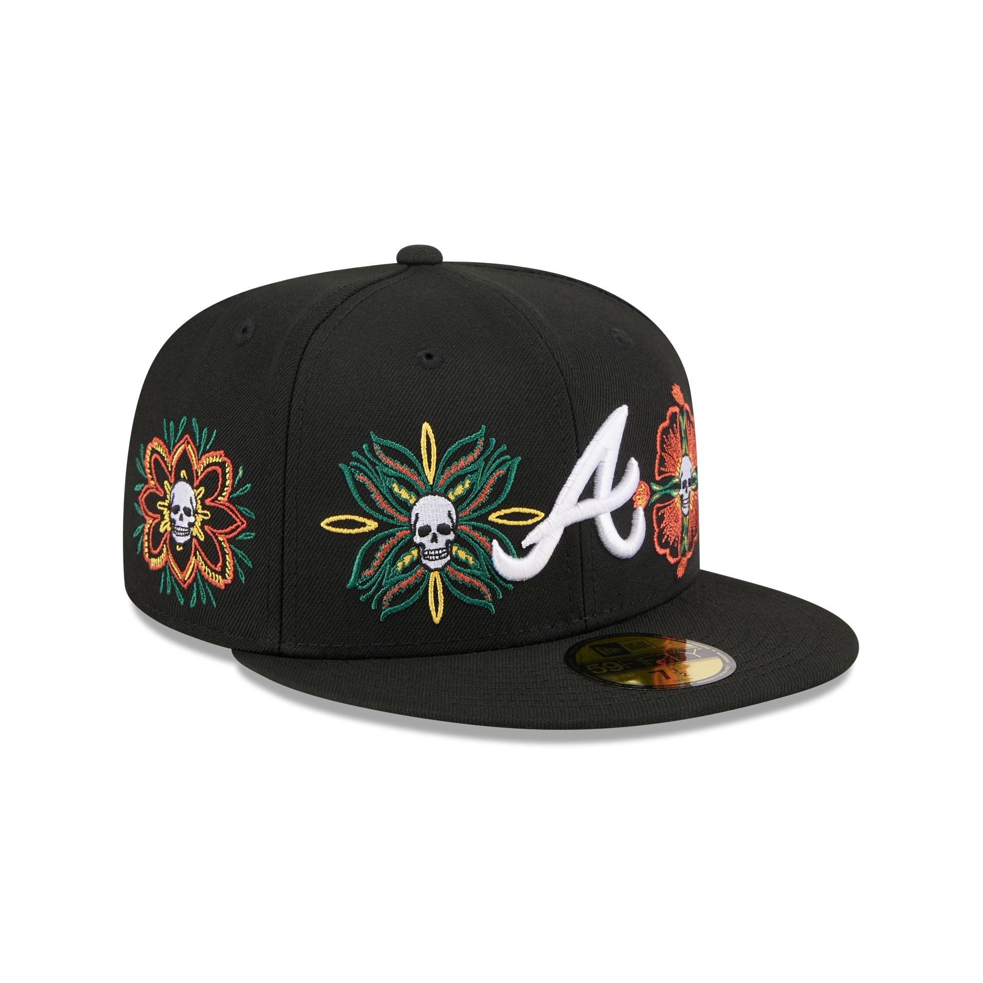 Atlanta Braves Day of the Dead Skull & Flowers 59FIFTY Fitted Hat - Nextgenmallstore