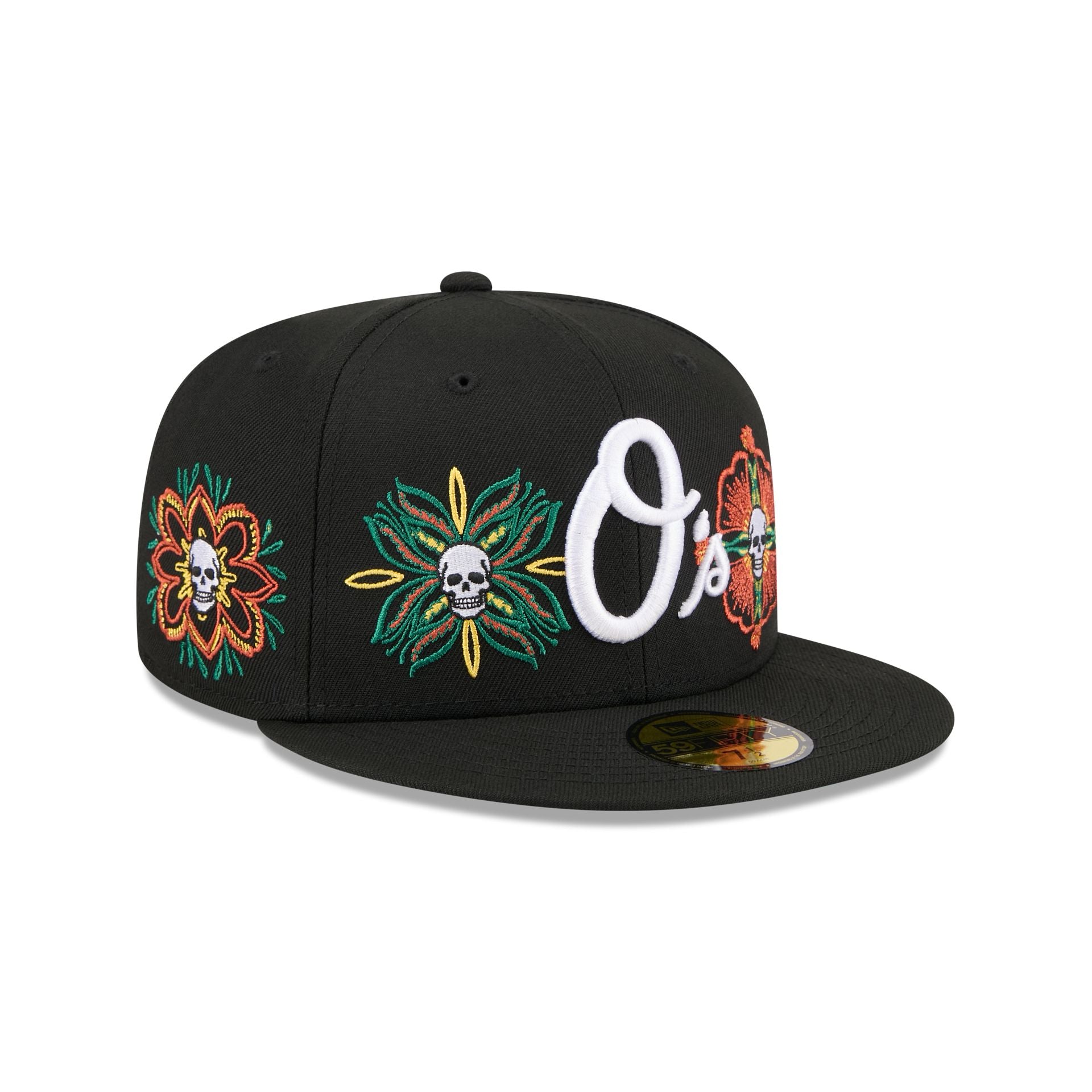 Baltimore Orioles Day of the Dead Skull & Flowers 59FIFTY Fitted Hat - Nextgenmallstore