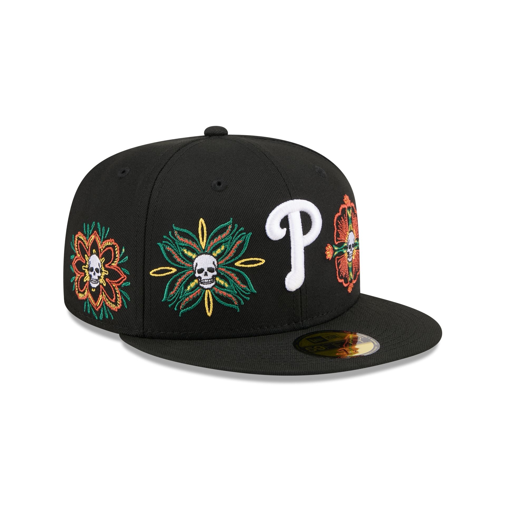 Philadelphia Phillies Day of the Dead Skull & Flowers 59FIFTY Fitted Hat - Nextgenmallstore