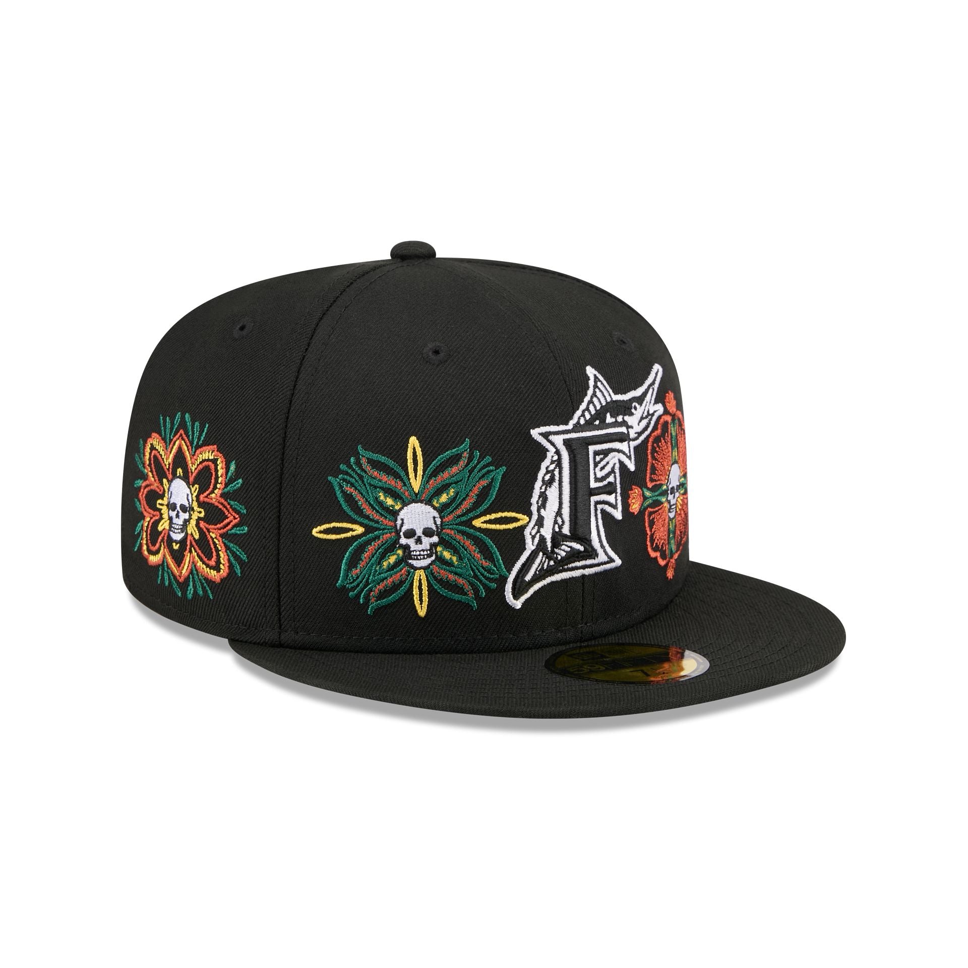 Miami Marlins Day of the Dead Skull & Flowers 59FIFTY Fitted Hat - Nextgenmallstore
