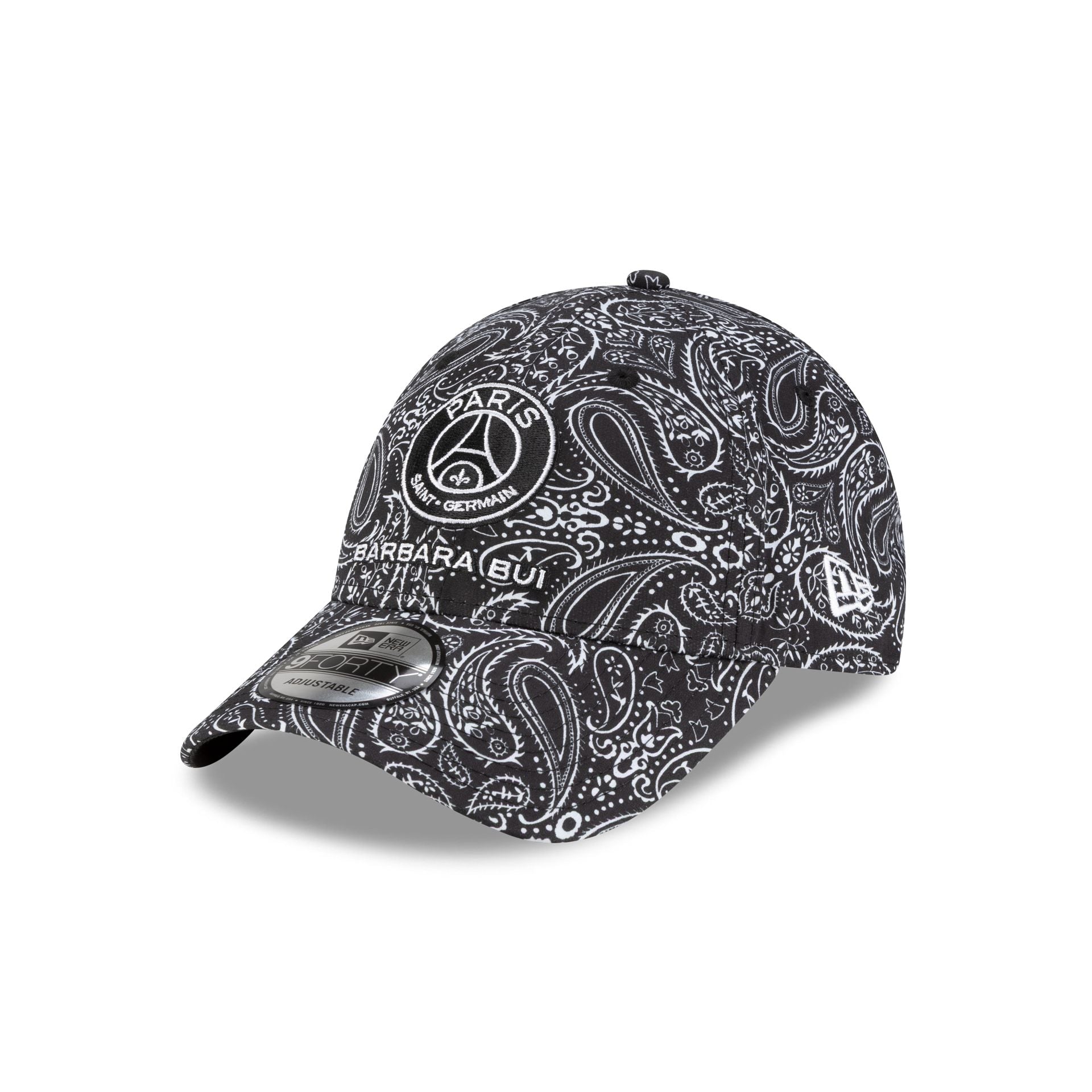 Black and white patterned cap with brand logos on a white background